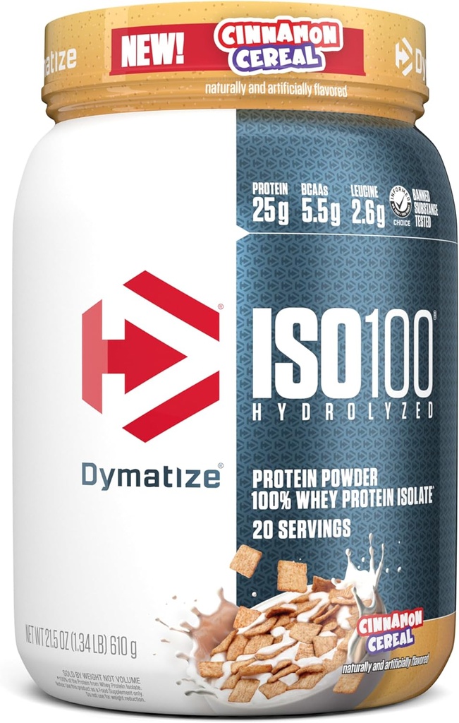 Dymatize ISO100 Whey Protein Powder Isolate, Cinnamon Cereal, 25g de Protein, 5.5g BCAAs, Menos Than 120 Cal., Gluten Free, 1g Fat, 1g Sugar, 2g Carb (20 Servings)
