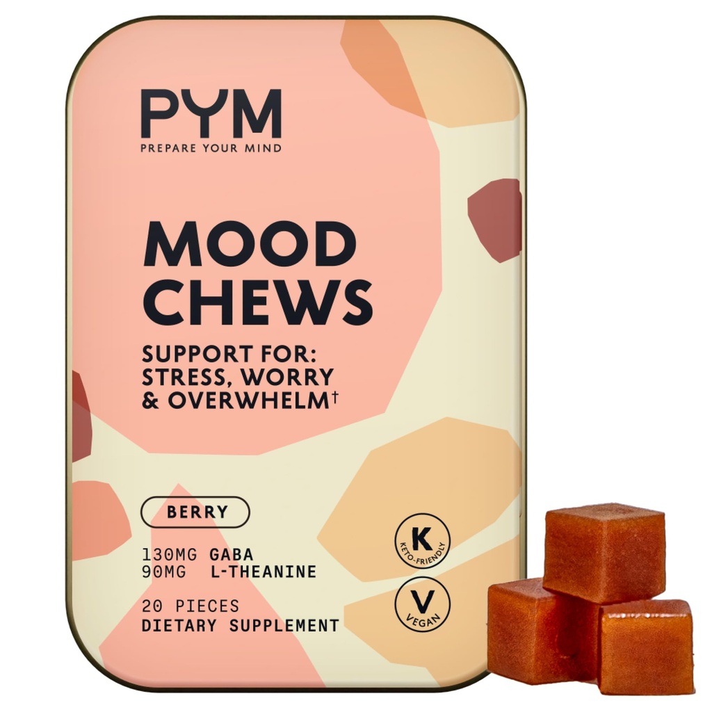 PYM Berry Mood Chews Support for Stress, Worry &amp; Overwhelm, 20 Conde tención 130mg GABA, 90mg L-Theanine peru Vegan, Non-GMO, Gluten-Free, No Añadido Sugar ← All-Natural Mood Balance Supplement Made in USA