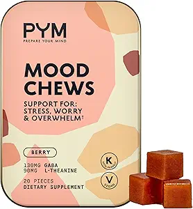 PYM Berry Mood Chews Support for Stress, Worry &amp; Overwhelm, 20 Conde tención 130mg GABA, 90mg L-Theanine peru Vegan, Non-GMO, Gluten-Free, No Añadido Sugar ← All-Natural Mood Balance Supplement Made in USA
