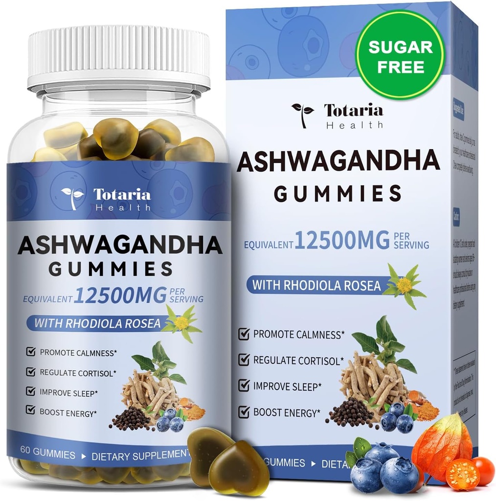Totaria Sugar Free Ashwagandha Filled Gummies 2500mg w/Vitamin D3, Magnesium Glycinate, Rhodiola, Ultra Strength Ashwa Root Suplementos para Mujeres &amp; Wen, para la relajación, energía, Blueberry Flavor