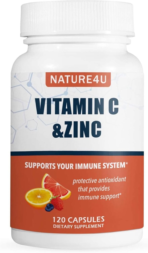 Vitamina C 1000mg con Zinc, Rosa HIPS y Citrus Bioflavonoides, Apoyo Inmunitario Suplemento Antioxidantes Protección, 120 cápsulas