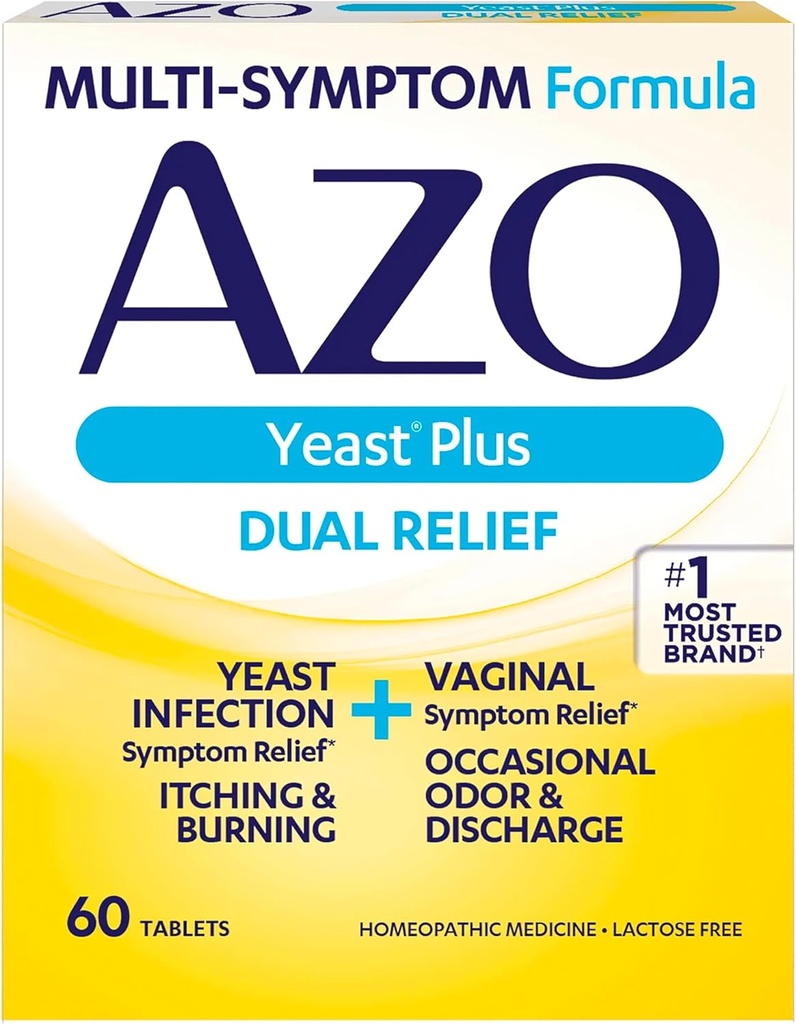 AZO Yeast Plus Dual Relief Tablets, Yeast Infection and Vaginal Symptom Relief, Relieves Vaginal Itching & Burning, 60 Count