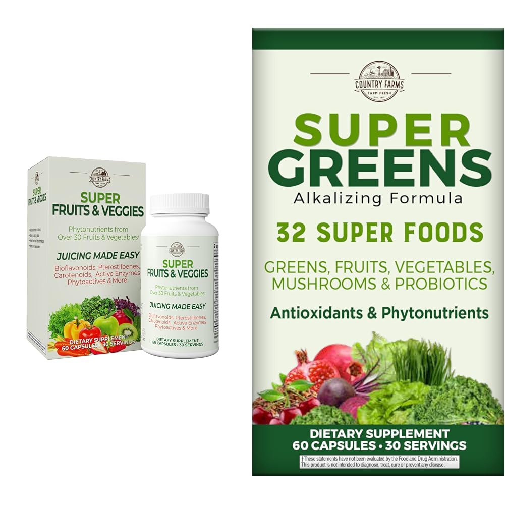 COUNTRY FARMS Super Fruits Veggies Capsules 30 Super Foods 30 Servings and Super Greens Vegicaps 32 Super Foods 60 Count 30 Servings