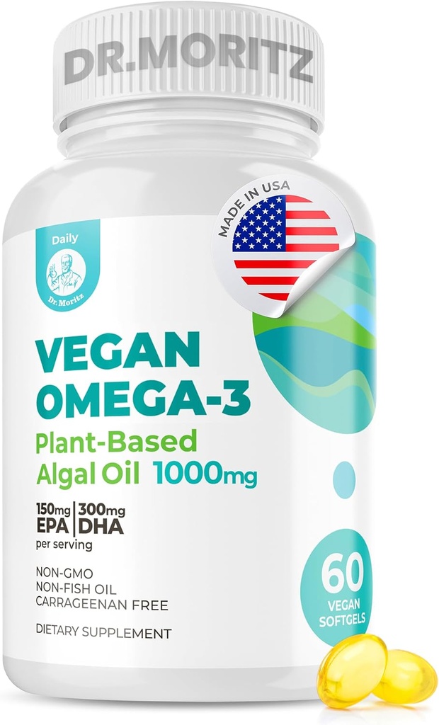 DR. MORITZ Vegan Omega-3 Softgels para adultos y niños, Hecho de aceite de algas con DHA EPA, pequeños Algas Omega 3 Suplementos, Vegan, 60 Cuenta