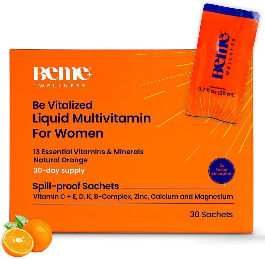 BeMe Liquid Multivitamins for Women - Advanced Liquid Delivery System with 13 Vitamins &amp; 4 Minerals - Tear & Go Sachets, Non-GMO, Orange Flavor (30 Sachets)