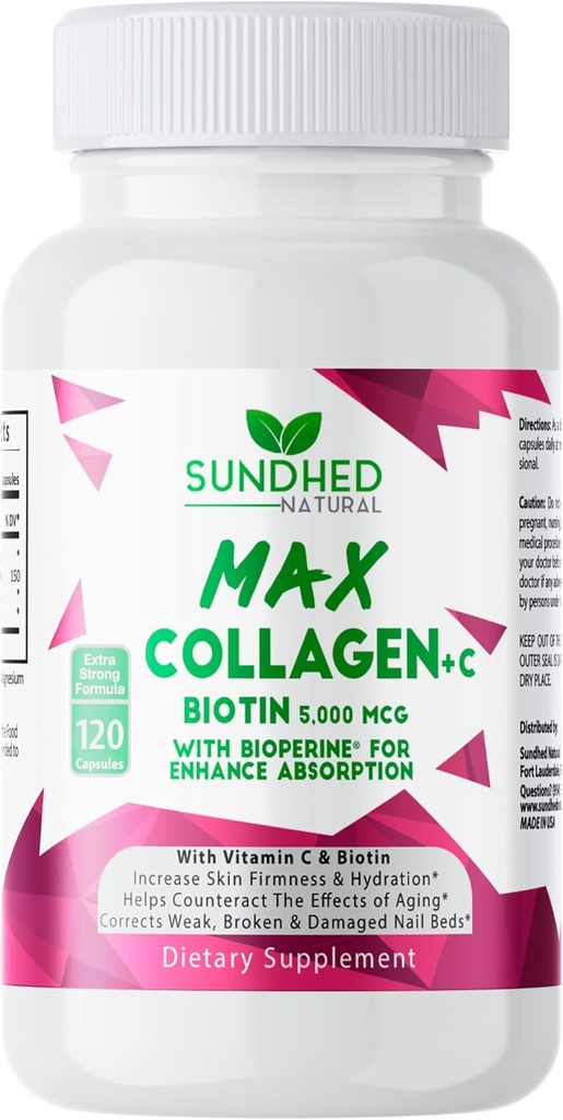 Sundhed Max Collagen Plus C - All Natural Collagen with Biotin & Bioperine to Boost Anti Aging Hydration & Skin Firmness - Fortalecer Bones & Nails (Capsules 2-Mes) (120 Cuenta)