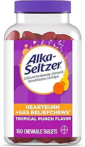 Alka-Seltzer Heartburn + Gas ReliefChews, Antacid + Antigas Chews for Fast Heartburn Relief, Gas y Acid Indigestion Relief En el Go, 180 Ct