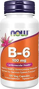 AHORA Suplementos de alimentos, vitamina B-6 (Pyridoxine HCl) 100 mg, Salud cardiovascular*, 100 cápsulas de verduras