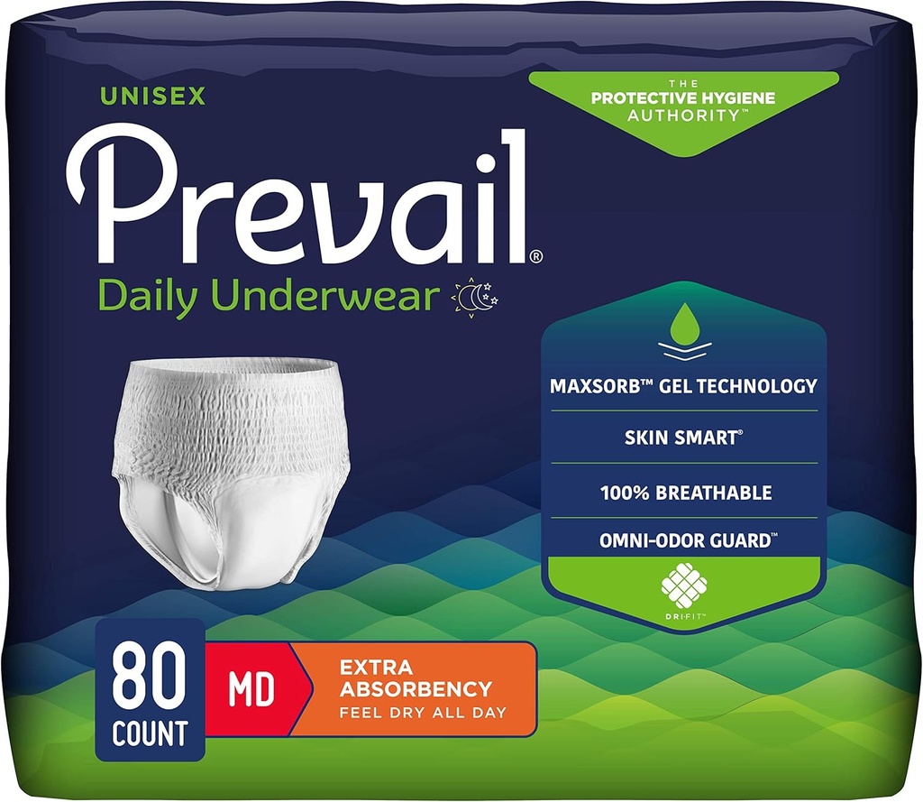 Ropa interior protectora diaria prevail - Ropa interior de incontinencia de adultos Unisex - Diaper de adultos descartable para hombres y mujeres - Absorbencia máxima - Medium - 80 Conde (4 paquetes de 20)