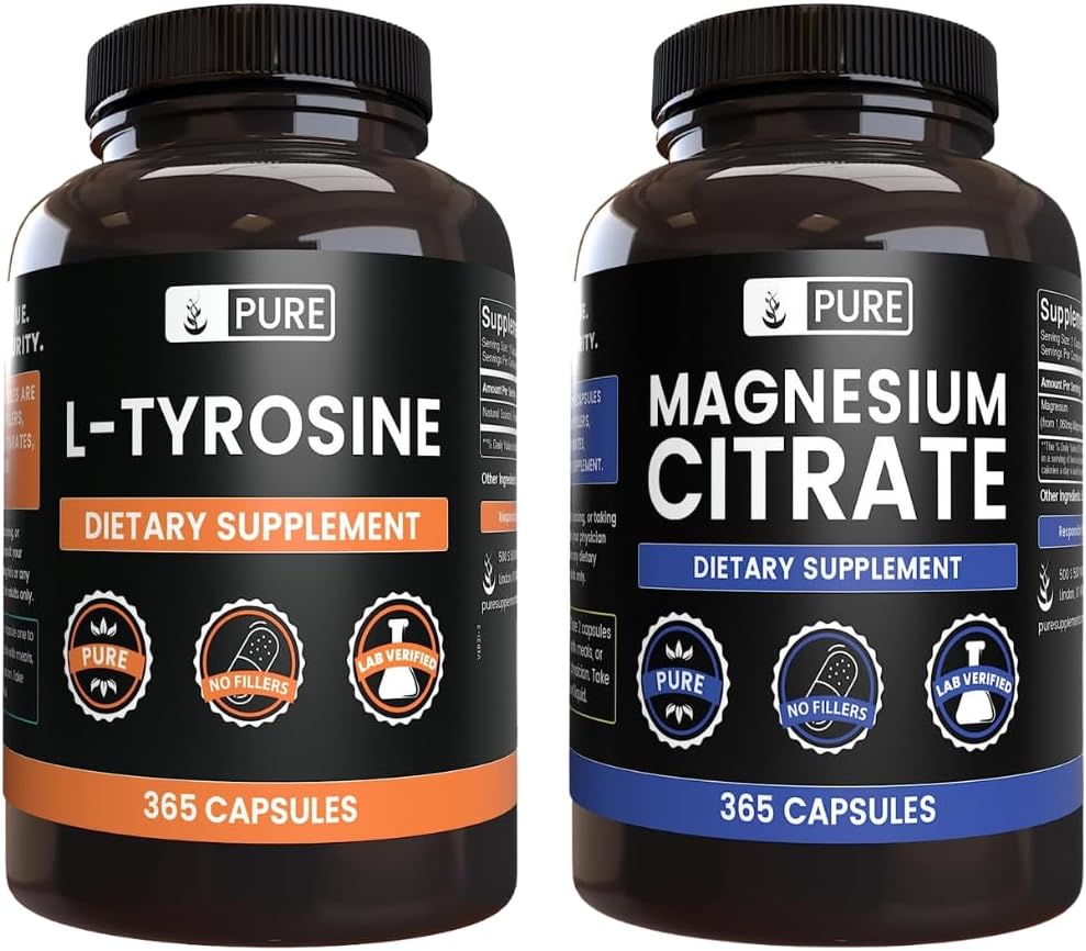 PURE ORIGINAL INGREDIENTES L-Tyrosine y Magnesium Citrate Bundle, 365 Capsules Cada, Siempre Puro, Lab Verified