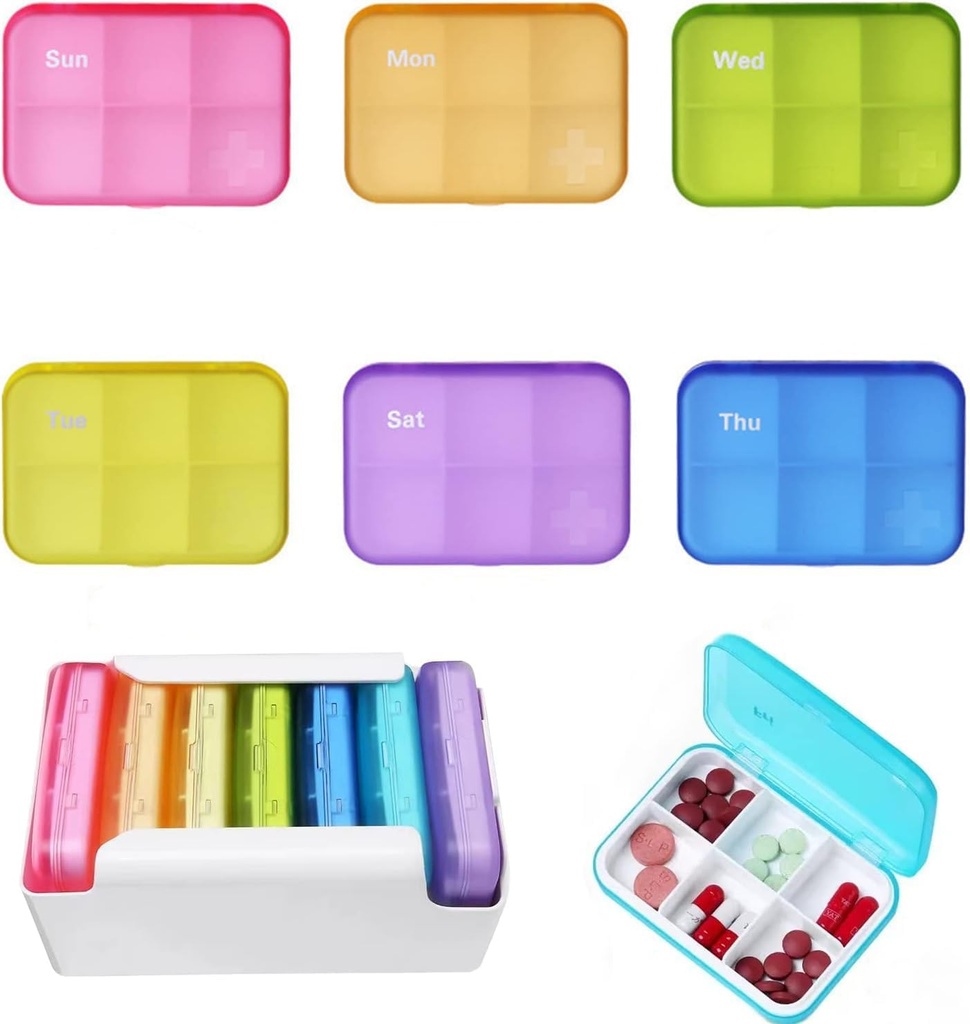 7 piezas Organizador de píldoras 6 veces al día, organizador semanal de medicina de viajes diarios portatil 7 días 42 compartimentos Caja de píldoras con caja de moistura-proofón Travel Pill Container for Vitamins,Suplementos