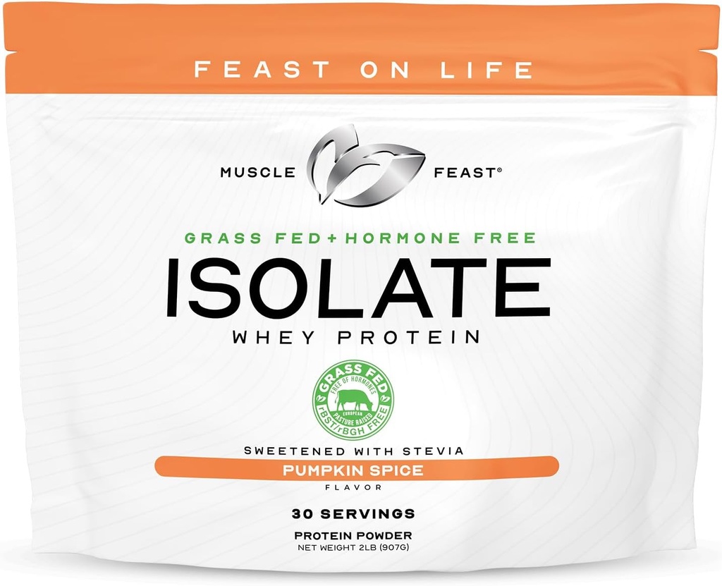 Muscle Feast Grass-Fed Whey Protein Isolate, All Natural Hormone Free Pasture Raised, Whey Isolate Protein Powder for Hombre and Women, Clean, Gluten-Free, Delicious Isolate Protein - Pumpkin Spice, 2lb