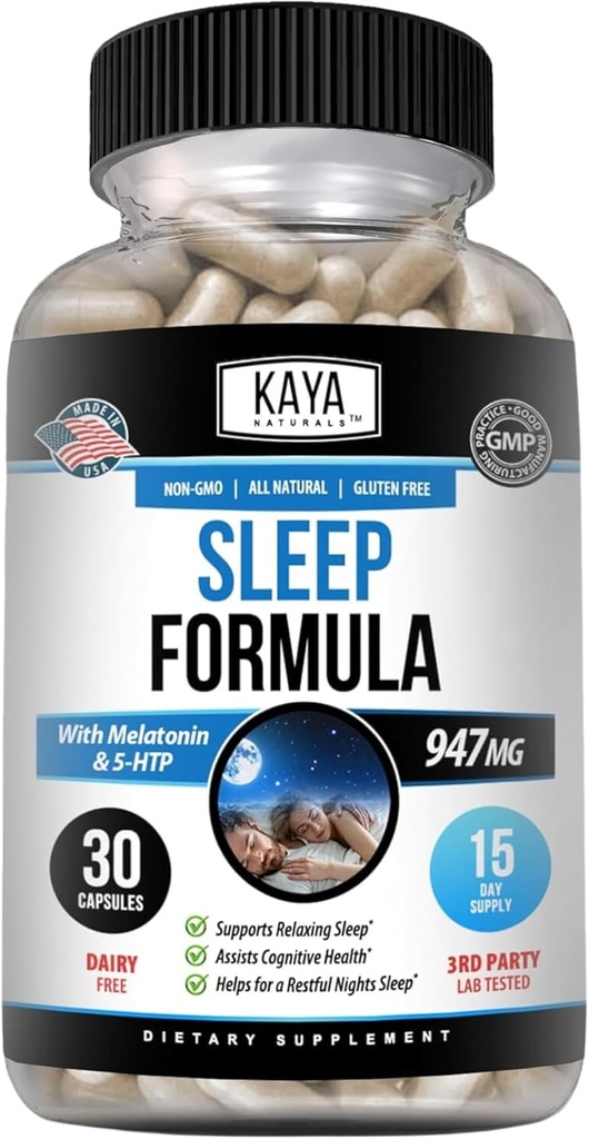 Kaya Naturals - Apoyo al sueño Fórmula con Melatonina - Ayuda Suplemento de vitaminas - Estrés del sueño y soporte de humor - L-Tryptofan, Flores de Pasión, Ashwagandha y Más (30 Conde)