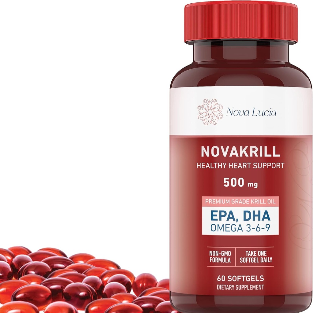 NovaKrill Krill Oil Omega 3 Suplemento – 1000mg Softgels con EPA, DHA, Astaxanthin – No Fishy Aftertaste – Easy to Swallow Antarctic Krill Oil – 60 cápsulas líquidos