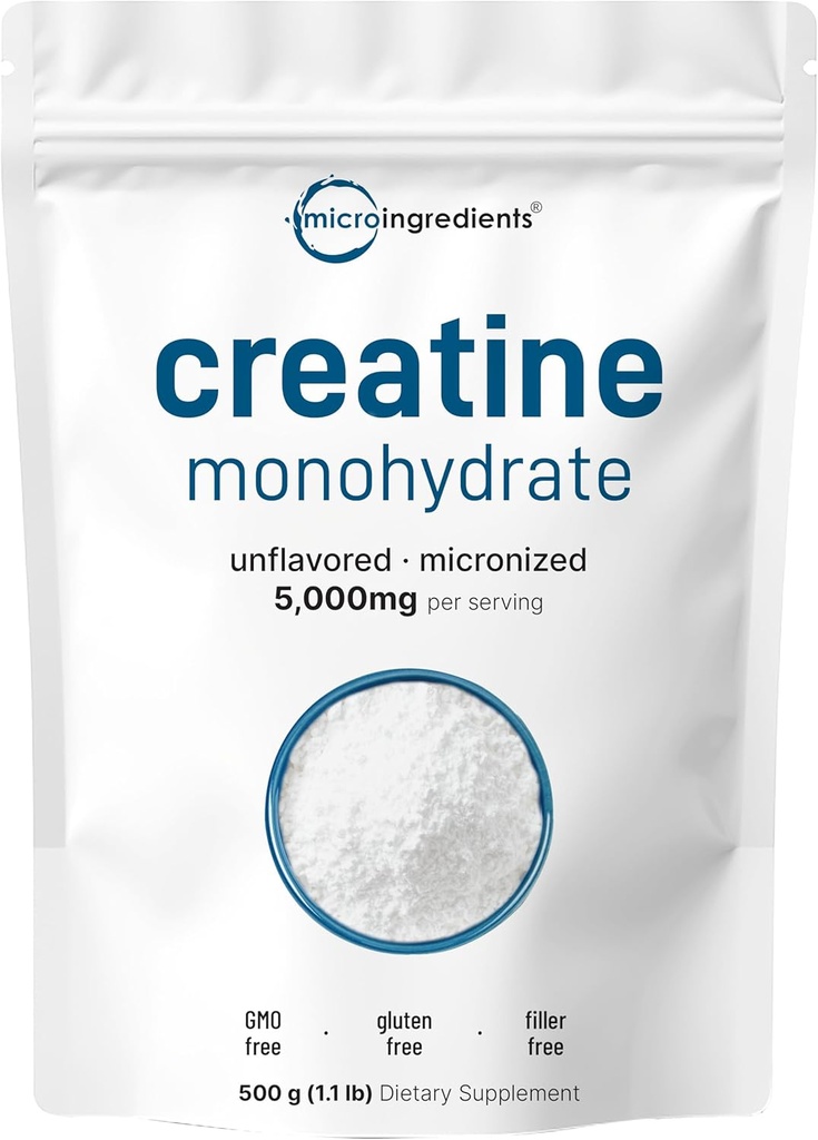 Instant Creatine Monohydrate Powder 500 Grams (1.1 Lb), 5000mg Por Serv, Micronized Creatine Powder, Unflavored, Pure, No Filler, Keto & Vegan, Easy Dissolve Pre Workout for Women and Men