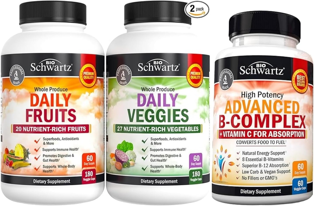 BioSchwartz Daily Fruits and Veggies Supplement for Women and Men (2 Mes Supply) Plus Complejo de vitamina B con Vitamina C (2 Mes de Suministro)