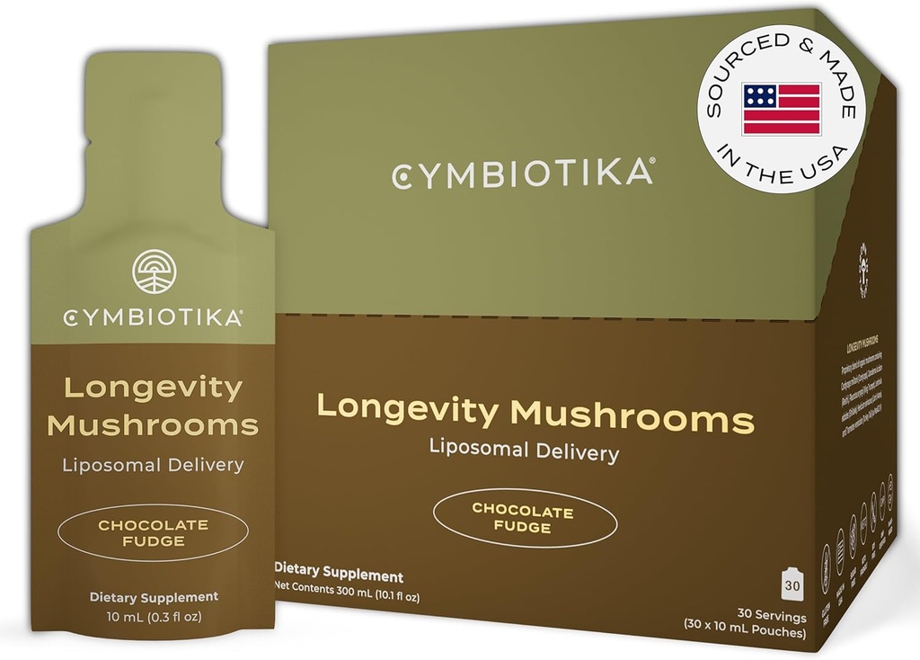 CYMBIOTIKA Liposomal Mushroom Suplemento con Lion's Mane, Turquía Tail, B-Vitamins, Cordyceps & Reishi Mushrooms, Suplementos para Immune Support and Energy, Chocolate Fudge Flavor, 30 Pack