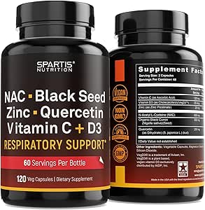 NAC 600mg Semillas negras 500mg Zinc Picolinate Quercetina Vitamina C Vitamina D3 Soporte respiratorio (Pack of 1 Bottle at 120-Caps)