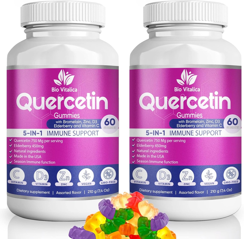 (2 Pack) Quercetina Gummies by BioVitalica - Quercetina con Bromelaina Vitamina C y Zinc &amp; Elderberry + Vitamina D3-5 en 1 Apoyo Inmunitario - Zinc Quercetin 750 mg para niños y adultos