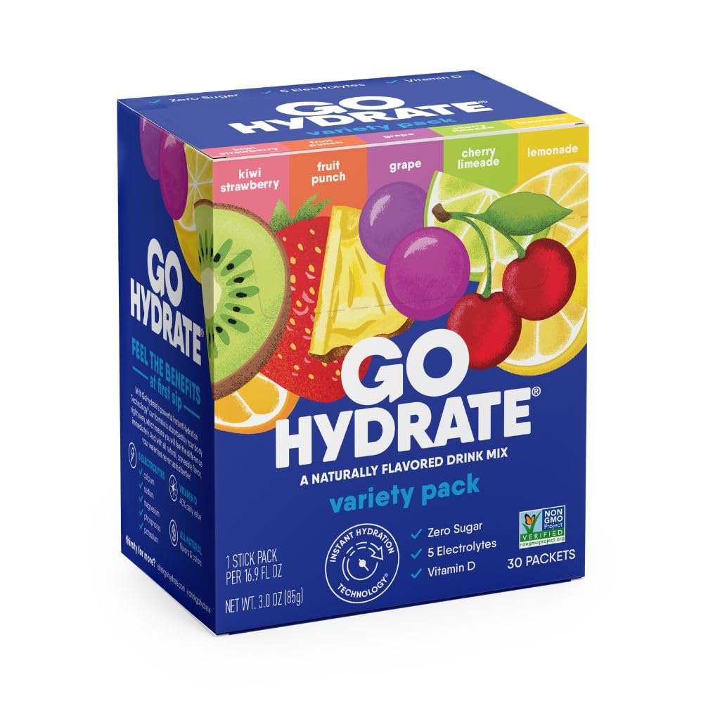 GoHydrate Low Sodium Electrolytes Powder Packets Sugar Gratis - Instant Hydration Daily Drink Mix - Zero Sugar Water Flavor Packet Singles with Vitamin D - (Variety Pack, 30 Packs)