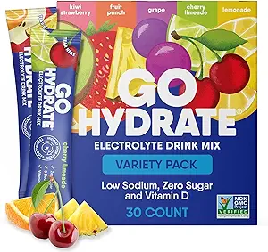 GoHydrate Low Sodium Electrolytes Powder Packets Sugar Gratis - Instant Hydration Daily Drink Mix - Zero Sugar Water Flavor Packet Singles with Vitamin D - (Variety Pack, 30 Packs)