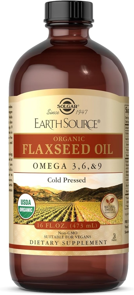 Solgar Earth Source Organic Flaxseed Oil - 16 fl oz - Cold Pressed - Omega 3, 6 & 9 - USDA Organic, Non-GMO, Gluten Free - About 31 Servings