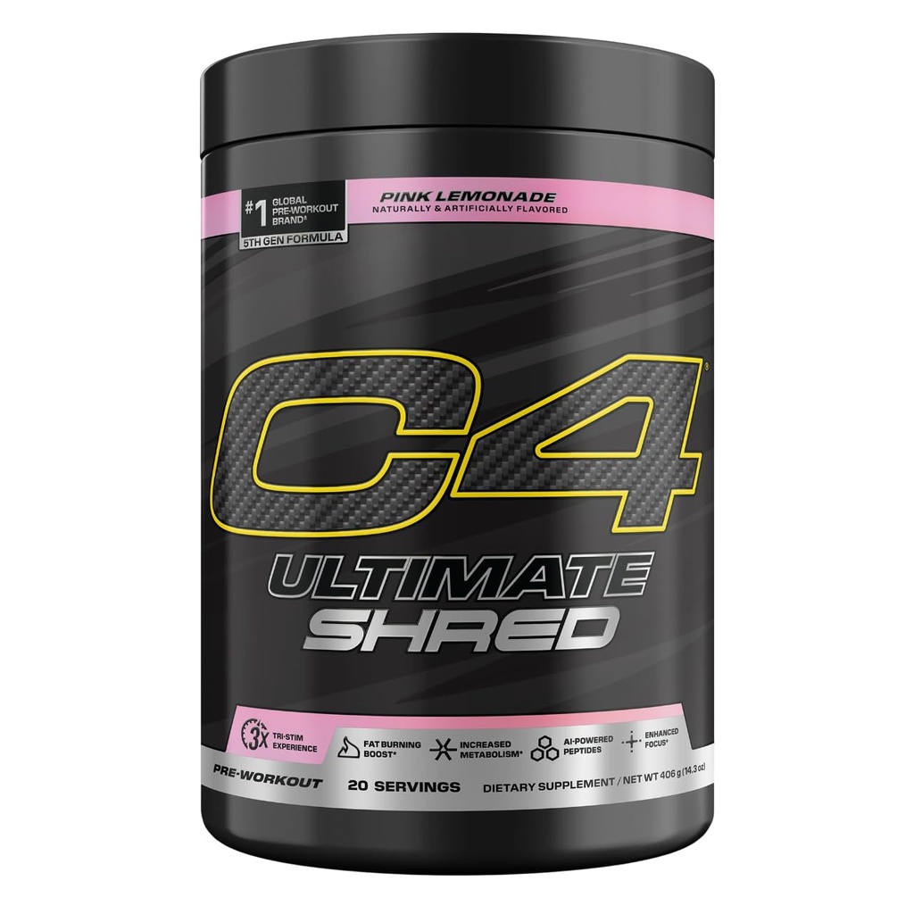 Cellucor C4 Ultimate Shred Pre Workout Powder, Metabolismo Suplemento con Cayenne Extract+300mg Caffeine+TeaCrine+Dynamine - Pink Lemonade, 20 Servimientos