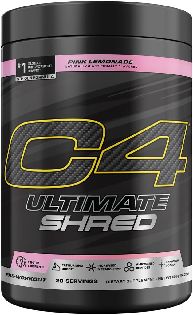 Cellucor C4 Ultimate Shred Pre Workout Powder, Metabolismo Suplemento con Cayenne Extract+300mg Caffeine+TeaCrine+Dynamine - Pink Lemonade, 20 Servimientos