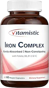 Suplemento de hierro para mujeres, 36 mg Hierro Elemental, No OGM, Bisglycinate Ferroso, Más vitaminas B &amp; C, Apoyo energético para la construcción de sangre, 60 cápsulas veganas