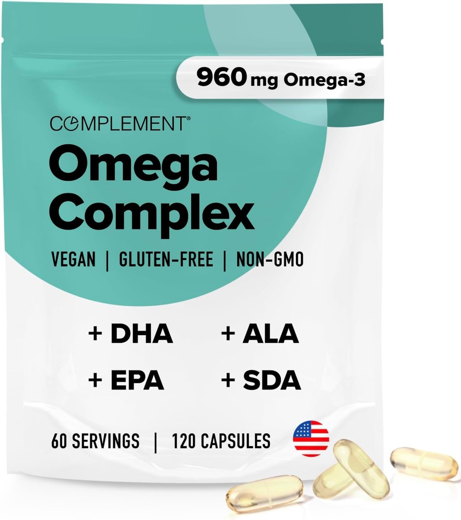 Complemento Vegan Omega 3 Suplemento- 960mg Omega-3 Fatty Acids, DHA, EPA, SDA, ALA Suplemento - Immune Support- 60 Servings, 120 Liquid Capsules