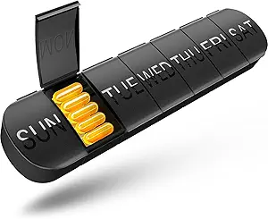 Organizador semanal de píldoras 1 vez al día, caja de carga de viaje 7 días Compartimientos extra grandes de vitaminas, contenedor diario de píldoras 7 días dispensador de medicina XL para caso de aceite de pescado (negro)