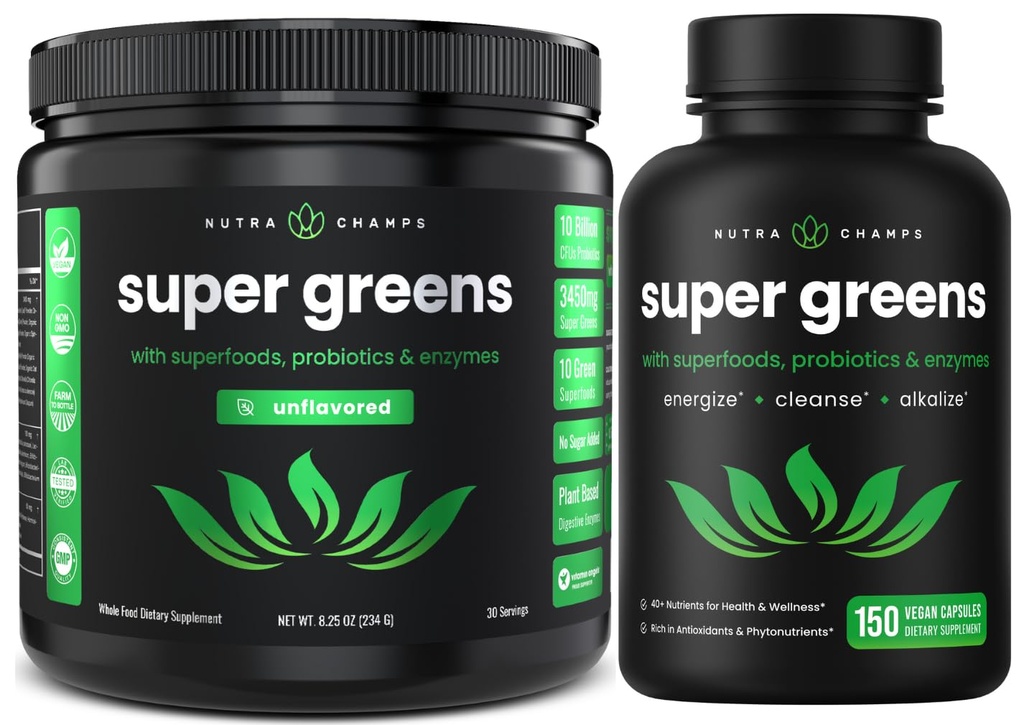 NutraChamps Super Greens Unflavored Powder & Super Greens Capsules