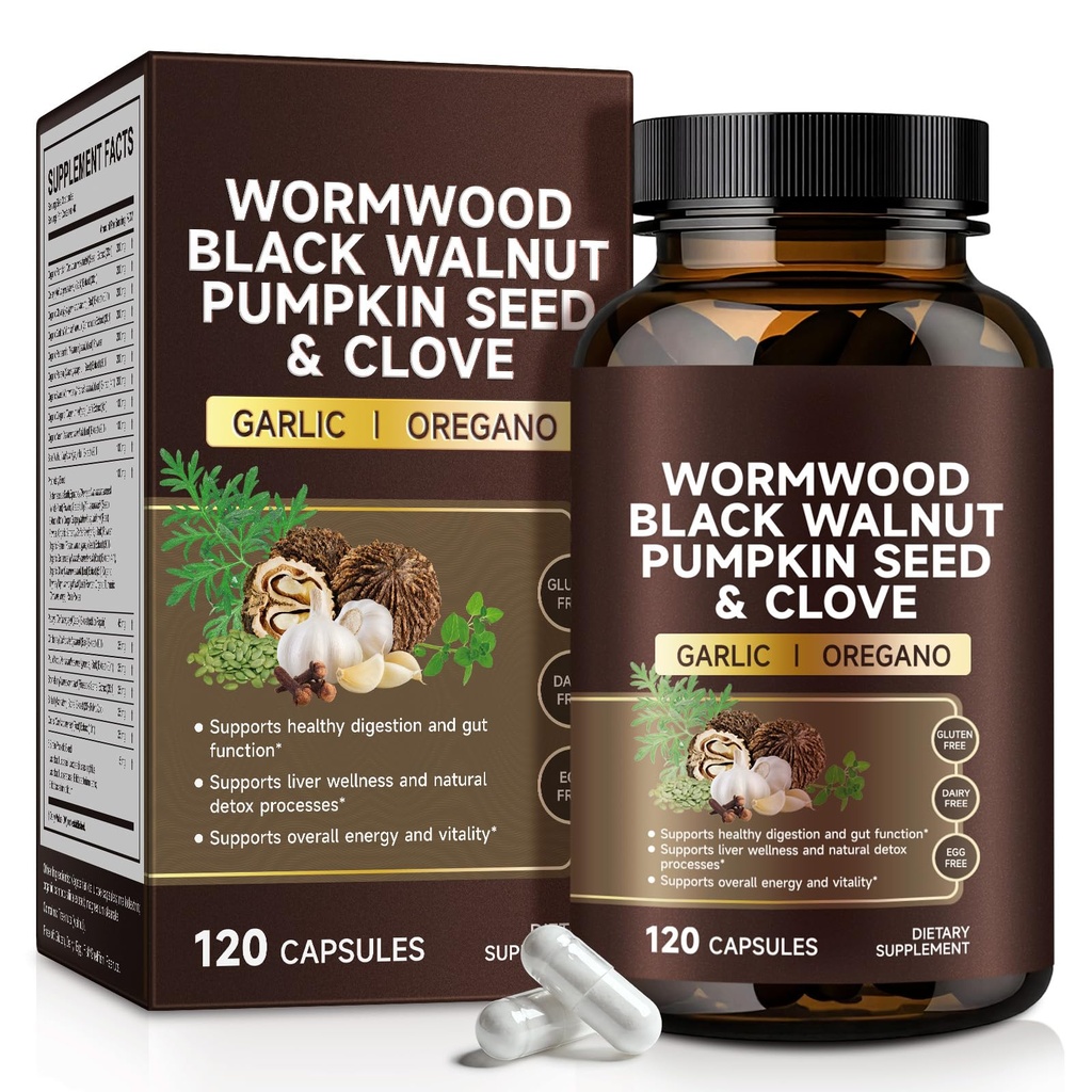Wormwood Black Walnut Clove Capsules, Black Walnut Wormwood Cleanse Extract for Humans, Rapid Gut Cleanse & Digestive Health Herbal Supplement for Adults, Vegan, Non-GMO & Gluten Free - 120 Capsules