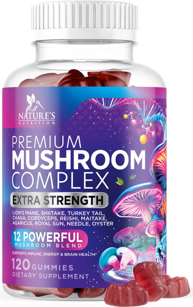 Mushroom Gummies Supplement 12 in 1 - High Grade Blend for Adults - Lions Mane, Reishi, Cordyceps, & Chaga Mushroom Complex Gummy - Memory & Immune Support & Nootropic Brain Supplements - 120 Gummies