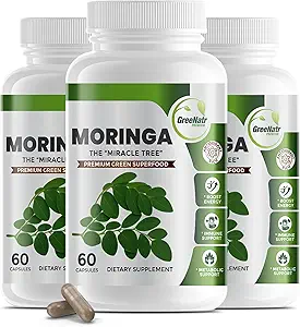 GreeNatr Pure Moringa Oleifera Leaf Extract Veggie Capsules 1000 mg. Suplemento Natural Herbal. Energy, Mood, Memory and Focus Support. Superalimentos Verdes Premium (3 botellas)