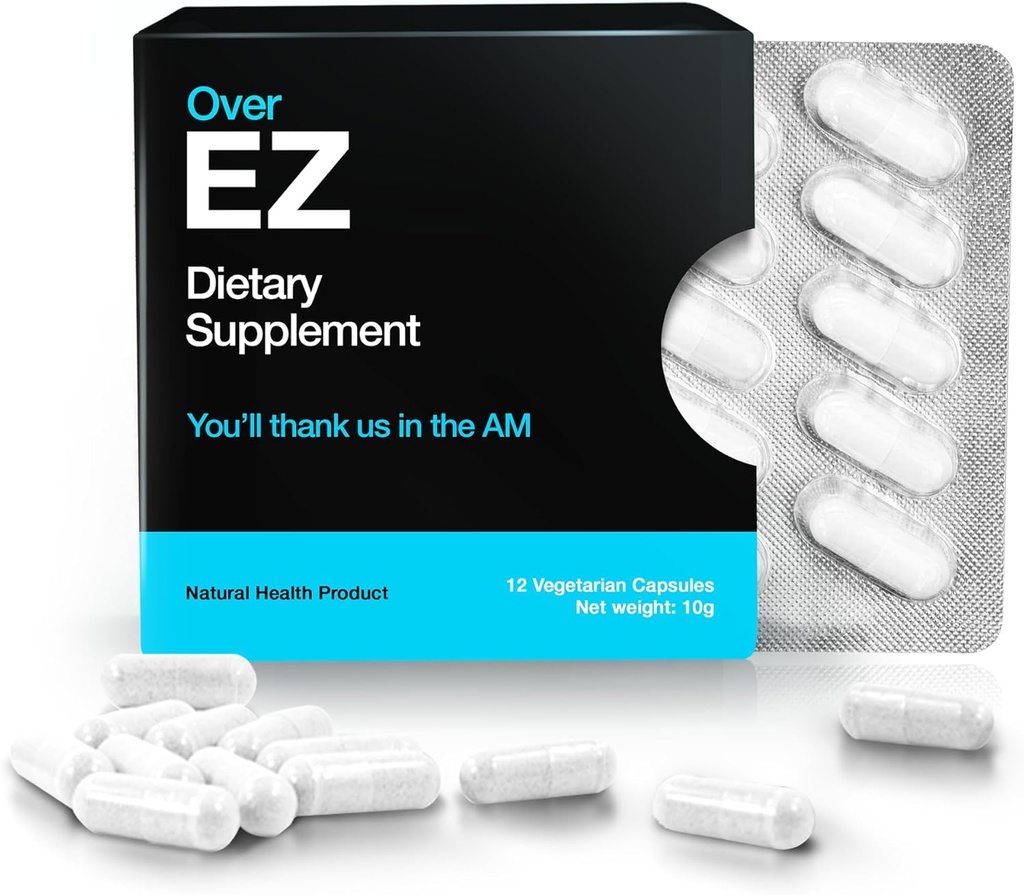 OVER EZ Pre-Drink Supplement - Party Recovery " Prevention Pills for a Night Out " Better Mornings (12 capsules) " Milk Thistle, Amino Acids, Vitamin Bs