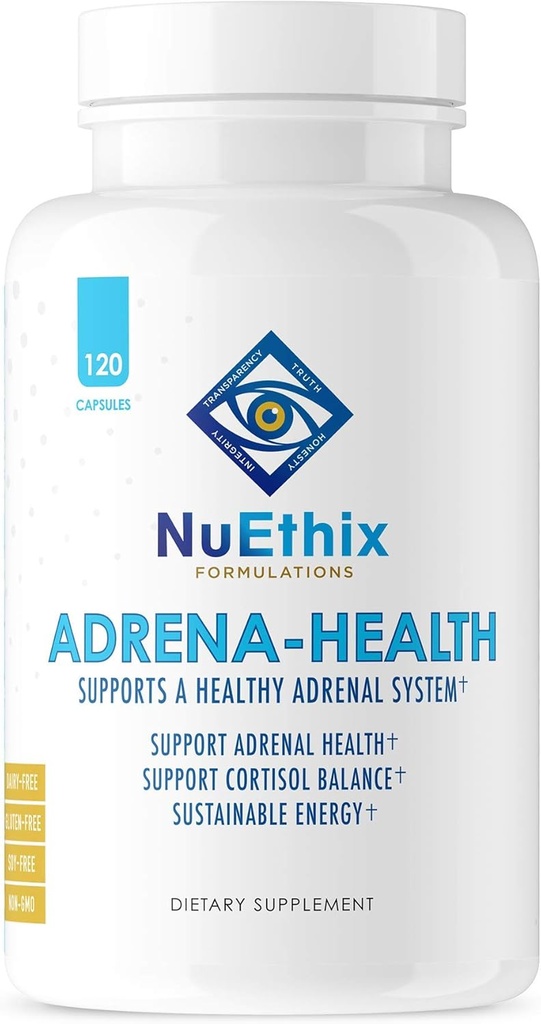 NuEthix Formulations Adrena-Health Suplemento dietético, Apoyo Cortisol Health, Energy Levels, Mood Moderation, Adrenal Support Supplements for Women &amp; Men, Fatigue Supplement - 120 Capsules