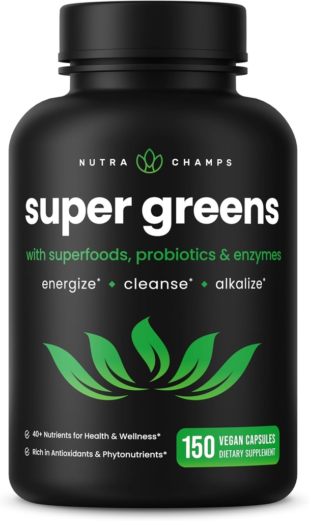 NutraChamps Organic Super Greens Capsules - Alfalfa, Spirulina, Chlorella &amp; More - Antioxidante, Enzyme Digestivo &amp; Blends Probiótico - 150 Green Superfood Capsules