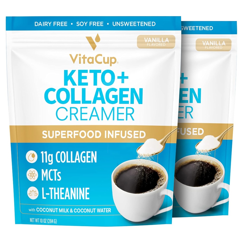 VitaCup Keto + Collagen Coffee Creamer Vanilla Flavor w/MCT, Collagen Protein, Coconut Water, L-Theanine for Keto Diet, Coffee, Smoothies, " Shakes, sin lácteos, libre de gluten, libre de soja, 2 bolsas,10oz cada una