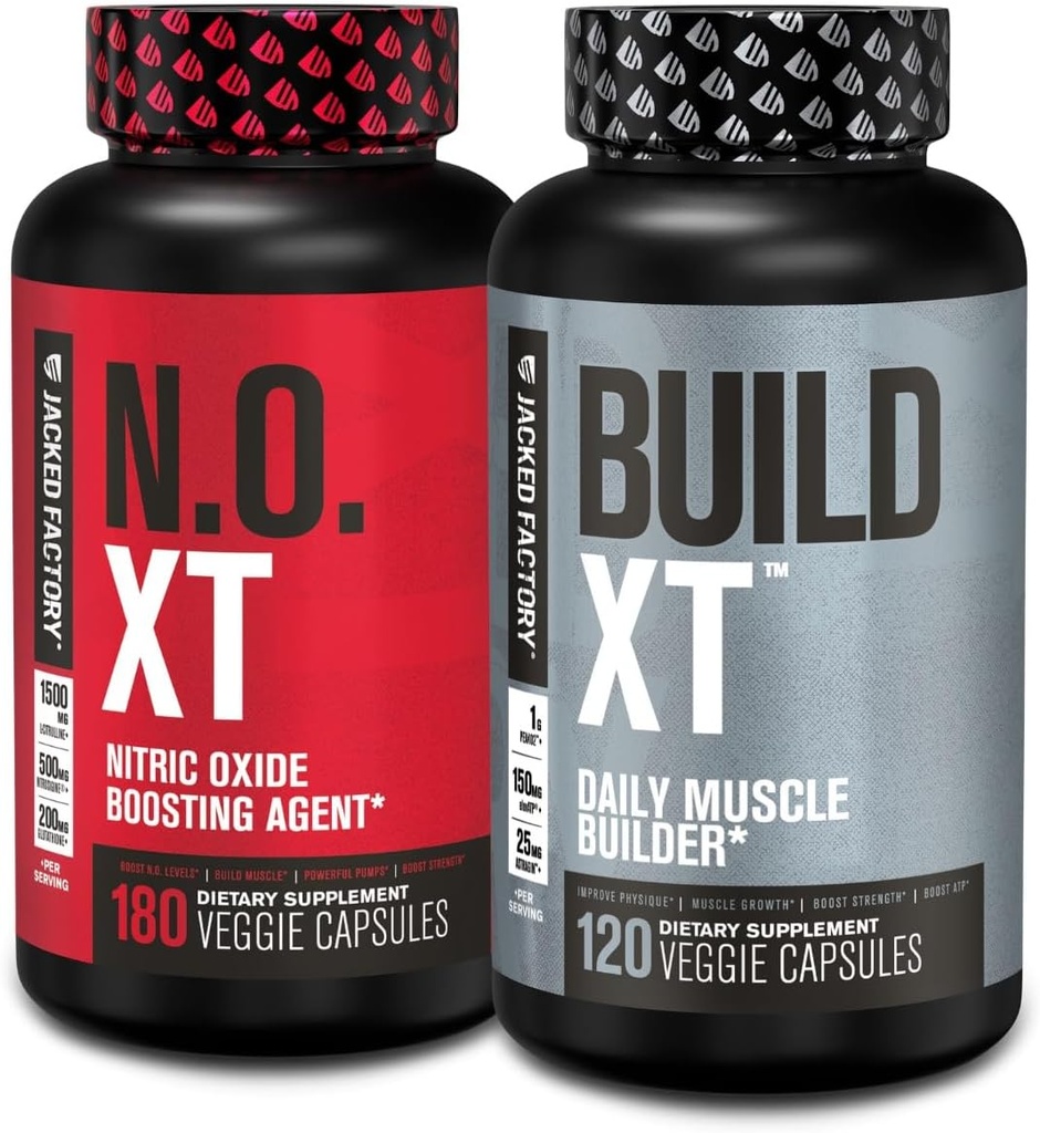 Fabricante de musculoso Jacked Factory Suplemento Stack - Build-XT Muscle Builder & N.O. XT Nitric Oxide Boosting Agent for Dual Support (60 Day Supply)