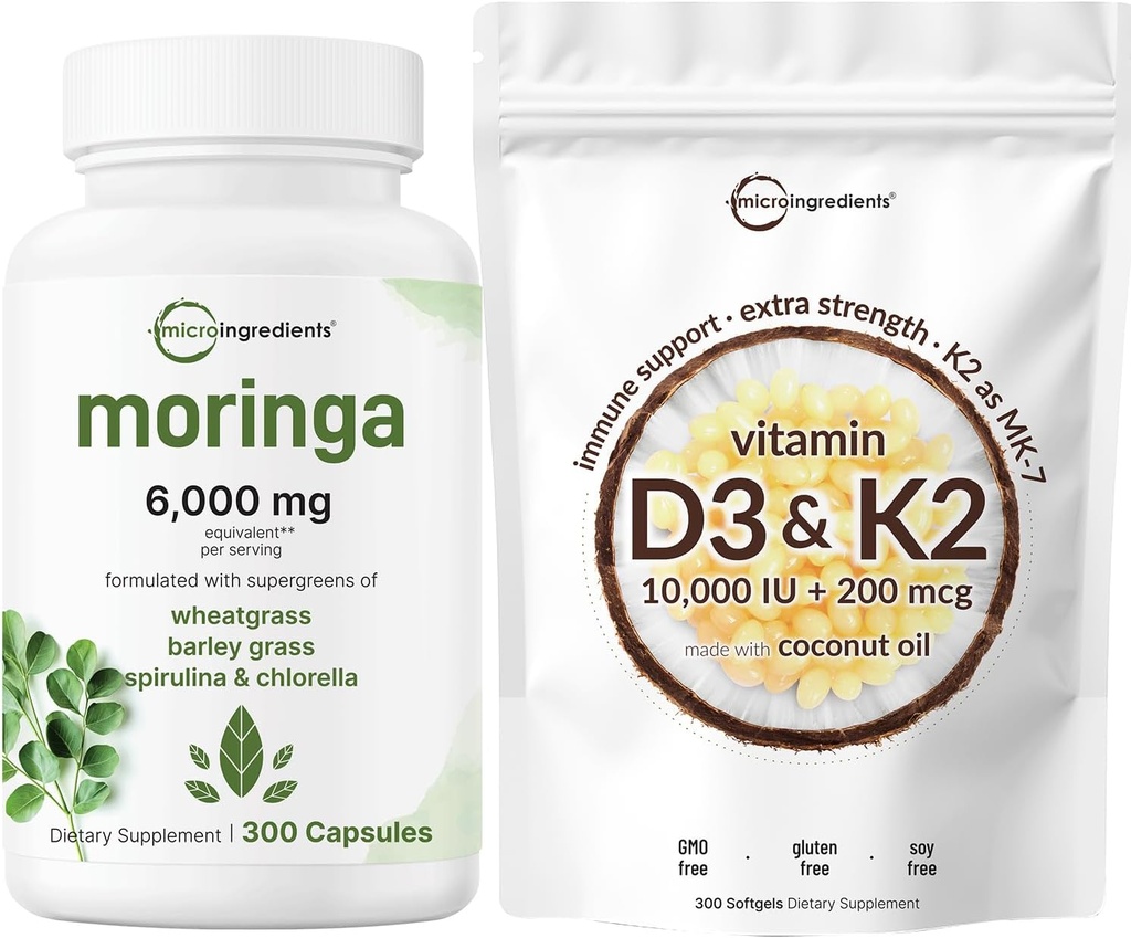Micro Ingredientes Vitamina D3 10,000iu + K2 200mcg Aceite de coco Softgels &amp; Moringa Oleifera 6.000mg Equivalente 300 Capsules Bundle 2 Pack ← Esencial Sunshine Vitaminas