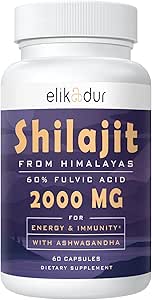 2000 MG Shilajit Supplement,Shilajit Resin Organic,Shilajit Capsules,100% Pure Shilajit with 85+ Trace Minerals & 60% Fulvic Acid,Boost Energy & Immunity,Vegetarian,Natural,60 Capsules