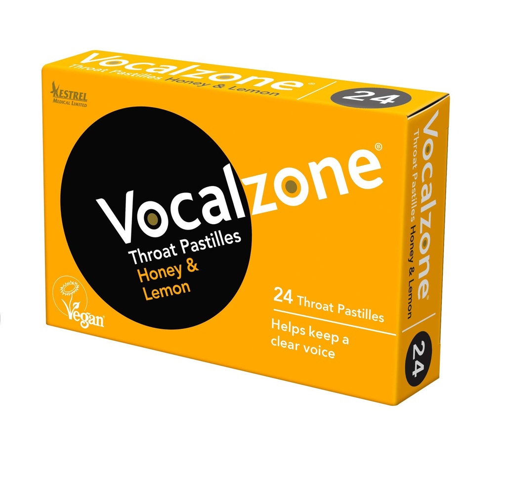 Vocalzone Throat Pastilles Honey & Lemon 24 - For Sore Throats and Hoarseness When Overusing Your Voice. Produced and sold in the United Kingdom since 1912