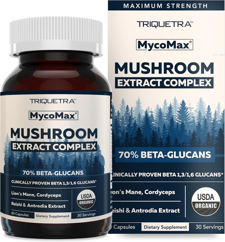 MycoMax Mushroom Complex - 70% Beta Glucans, Max Potency Mushroom Suplemento, US Grown + Extracción Ultrasónica - Lions Mane, Cordyceps, Reishi &amp; More - Cognition, Immunity, Energy - 60 cápsulas
