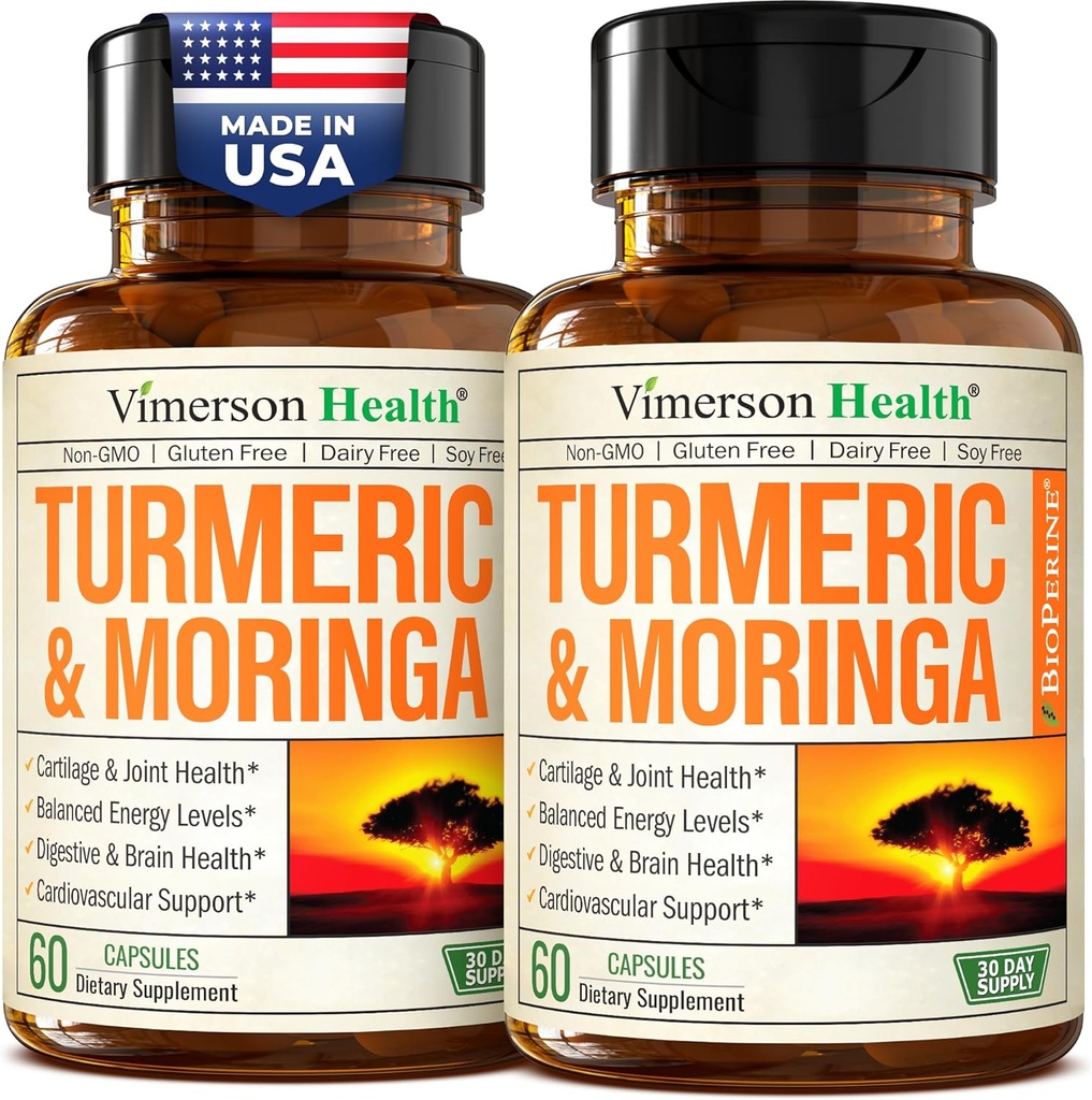 Moringa + Turmeric Curcumin Supplement for Joint Health, Gut Health, Energy and Immune Support - Total Wellness Formula - Tumeric Curcumin with Black Pepper & Moringa Pure Capsules - 60 Count - 2 Pack