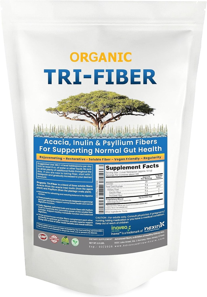 Tri-Fiber Soluble Fiber Powder, Unflavored High Fiber 3-in-1 Soluble Fiber Suplemento para el soporte digestivo. Fibra dietética 1 lbs (16oz)