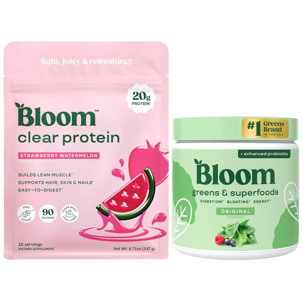 Bloom Strawberry Watermelon Clear Protein and Original Greens Powder Bundle