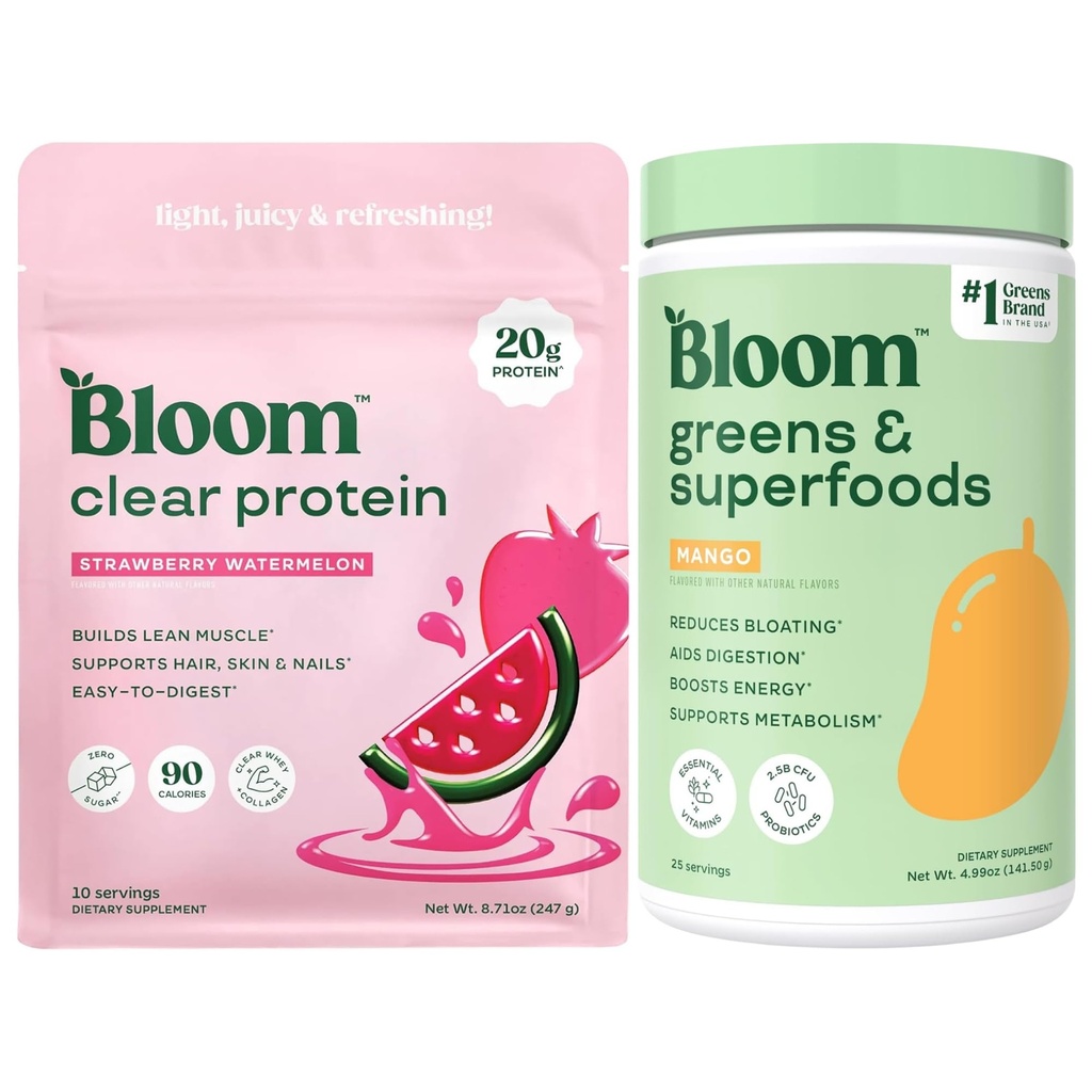 Bloom Strawberry Watermelon Clear Protein and Mango Greens Powder Bundle