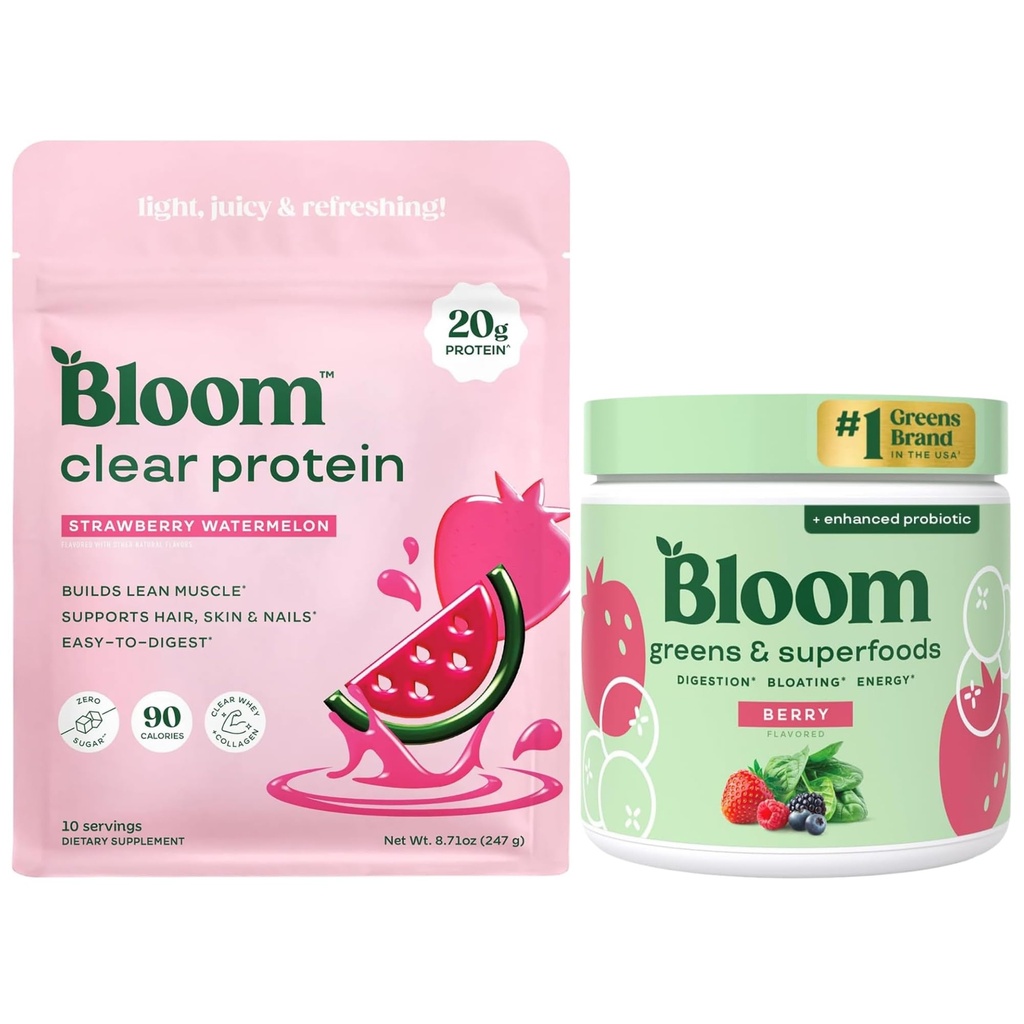 Bloom Strawberry Watermelon Clear Protein and Berry Greens Powder Bundle