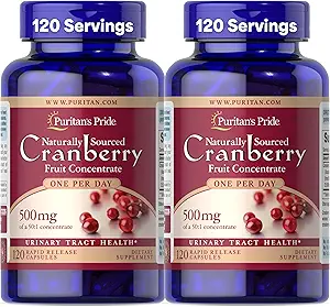 Puritan's Pride Naturally Sourced Cranberry One Por Day Fruit Concentrate 500mg, 50:1 Dietary Supplement for Urinary Tract Support, 4 Month Supply, 120 Rapid Release Capsules, 2 Pack
